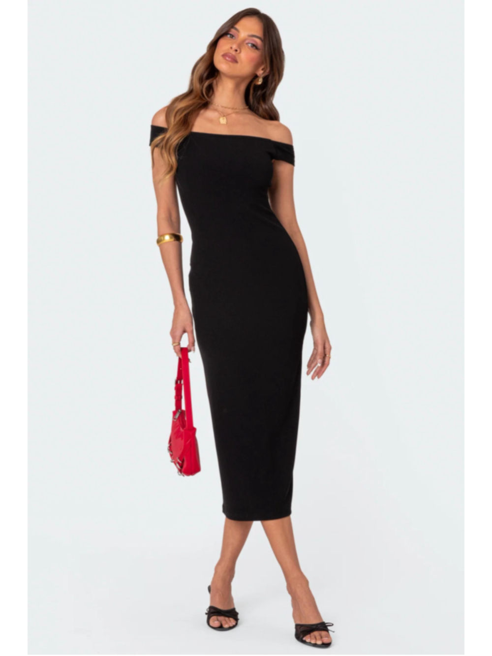 Kyla Off Shoulder Ribbed Midi Dress S NWT